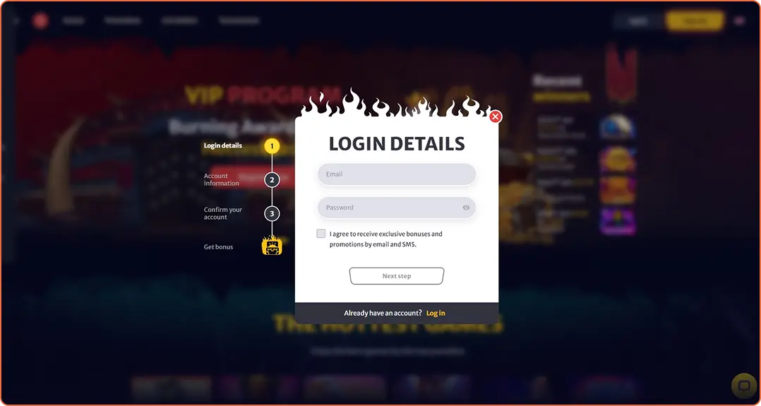 Hellspin casino Registration step 1